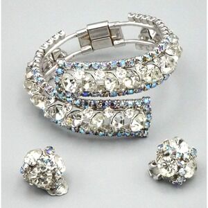 Vintage Rhinestone Bracelet Earrings Set Bypass Clamper Angled Stones Aurora Bor